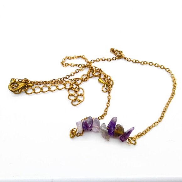 Delicate Vintage Minimalist Chain Necklace, Gold Tone with Amethyst Gemstone Chi - Picture 2 of 4